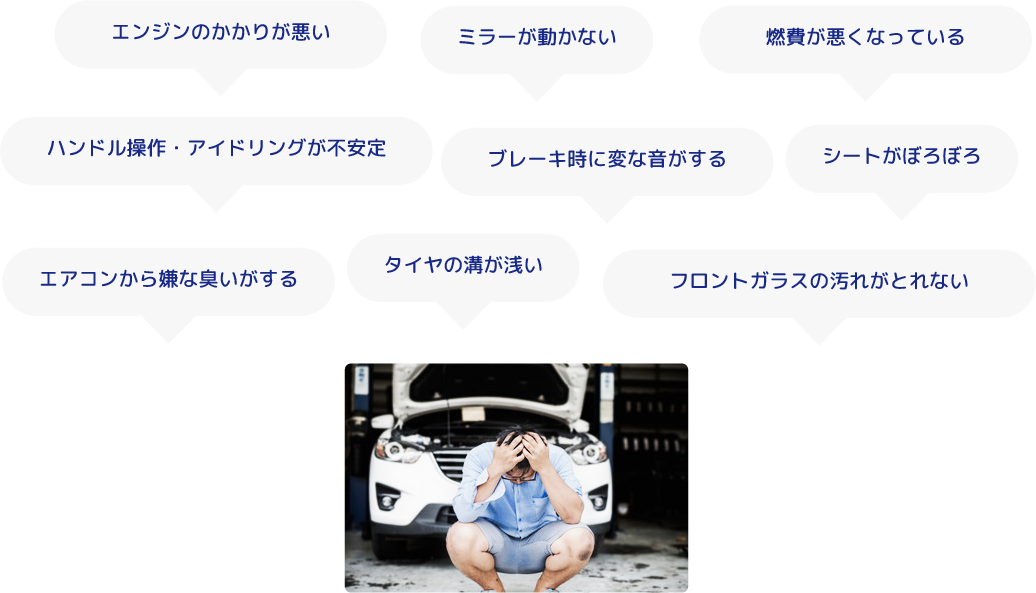 エンジンのかかりが悪い、ミラーが動かない、燃費が悪くなっている、ハンドル操作・アイドリングが不安定、ブレーキ時に変な音がする、シートがぼろぼろ、エアコンから嫌な臭いがする、タイヤの溝が浅い、フロントガラスの汚れがとれないなどのお悩みは、マッハ車検五日市石内バイパス店（カ―ファクトリーエム）へご相談ください。